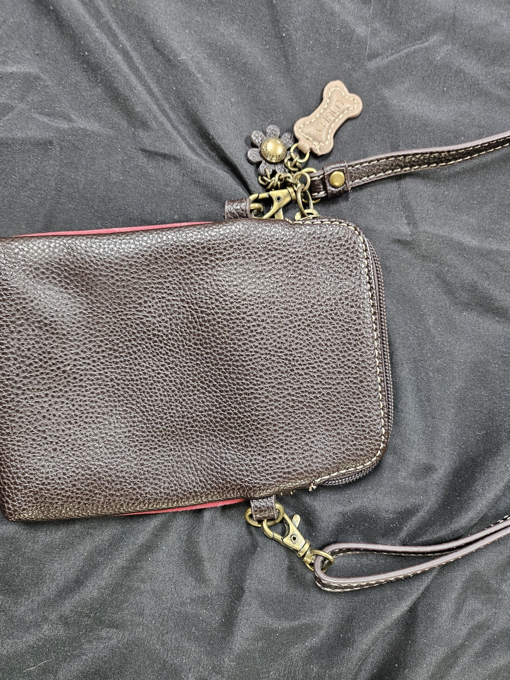 Chala Red Suede Crossbody Bag with Brown Trim and Floral Studs - Picture 2 of 4